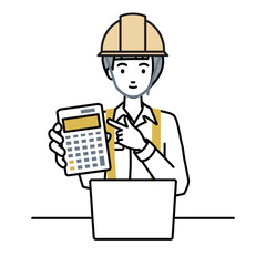 a woman working at construction sites recommending, proposing, showing estimates and pointing a calculator with a smile in front of laptop pc