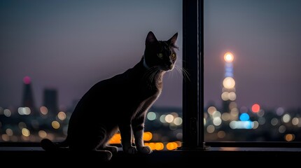 Cat on an urban rooftop at twilight gazing at the city lights