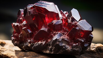 A photograph showcasing a raw and unprocessed chunk of garnet, displaying its deep red color and natural crystal formations - obrazy, fototapety, plakaty