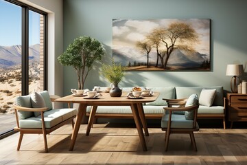 Modern Scandinavian interior of the living room with dining room with wooden table with sofa in the corner comfortable atmosphere with sunlight from the window.