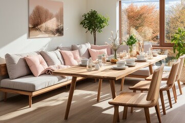 Fototapeta premium Modern Scandinavian interior of the living room with dining room with wooden table with sofa in the corner comfortable atmosphere with sunlight from the window.