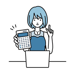 a woman in dress recommending, proposing, showing estimates and pointing a calculator with a smile in front of laptop pc