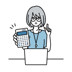 a woman teacher recommending, proposing, showing estimates and pointing a calculator with a smile in front of laptop pc