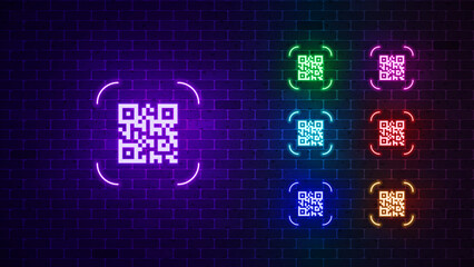Neon QR code sign. Glowing scan QR Code icon set. Vector illustration