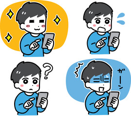 スマホを持った若い男性の表情のセット