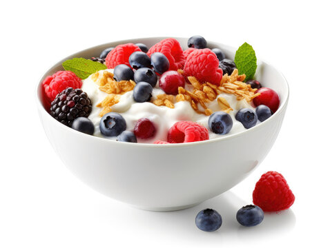 Bowl of cereal with berries and yogurt on a white background