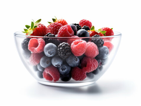 Glass bowl of fresh organic berry salad on white background