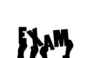 Digital png silhouette illustration of hands holding exam text on transparent background
