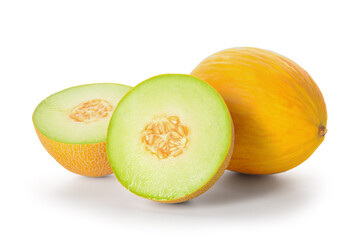 Tasty ripe melons on white background