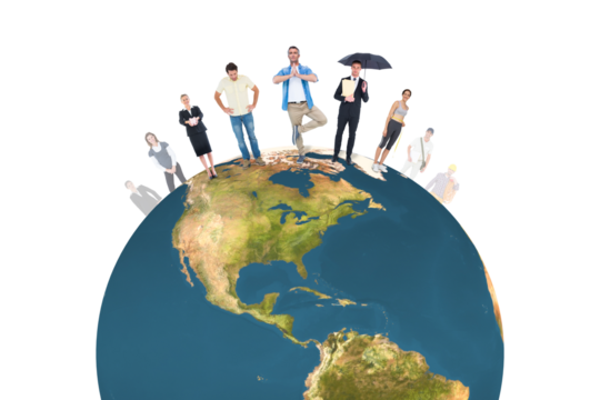 Digital png illustration of diverse group of people standing on globe on transparent background