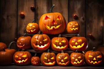 A large stack of carved halloween pumpkins with spooky faces, copy space