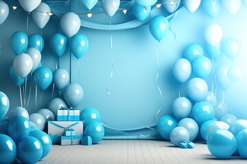 Boys party birthday 3d backdrop, in the style of Blue Boy party - themed elements like blue flags, nice decoraion, festive atmosphere, bright color style balloons, kids style
