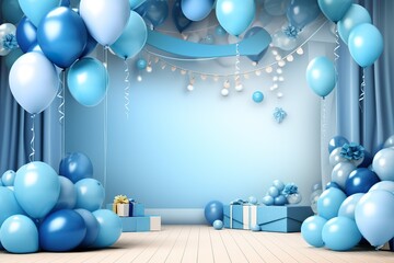 Boys party birthday 3d backdrop, in the style of Blue Boy party - themed elements like blue flags, nice decoraion, festive atmosphere, bright color style balloons, kids style