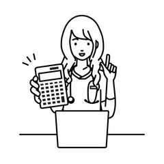 a nurse woman recommending, proposing, showing estimates and pointing a calculator with a smile in front of laptop pc