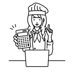 a woman cook recommending, proposing, showing estimates and pointing a calculator with a smile in front of laptop pc