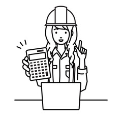 a woman working at construction sites recommending, proposing, showing estimates and pointing a calculator with a smile in front of laptop pc