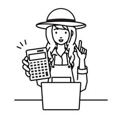 a farmer woman recommending, proposing, showing estimates and pointing a calculator with a smile in front of laptop pc