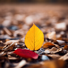Single red leaf on the ground on a bed of yellow leaves in the fall.