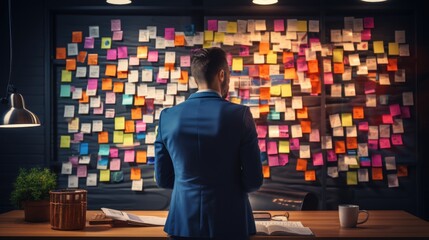 businessman is looking and analyzing sticky note on brainstorming board of his business office.