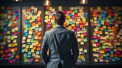businessman is looking and analyzing sticky note on brainstorming board of his business office.