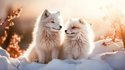 Papier Peint photo Renard arctique A couple of white fox sit side by side on the white snow in the warm morning sun.