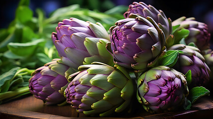 Fresh and raw artichoke on the wooden table