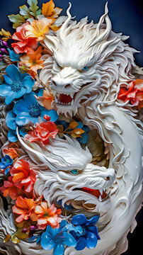 Vertical image of a 3D model of a white dragon among colorful flowers.