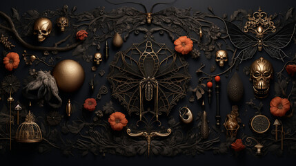 
a Mystery Halloween background with pumpkins spiderwebs skeletons, and spiders on a black background Flat lay top view copy space

