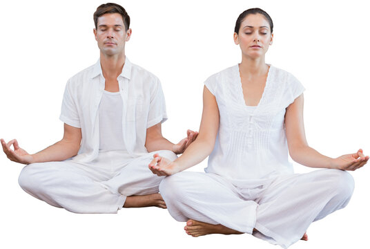 Digital png photo of caucasian couple doing yoga on transparent background
