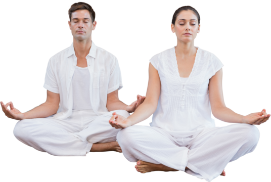 Digital png photo of caucasian couple doing yoga on transparent background - Powered by Adobe