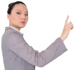 Photo sur Plexiglas Lieux asiatiques Digital png photo of asian businesswoman touching virtual screen on transparent background
