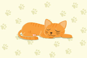 a sleeping cat cartoon with a paw background.