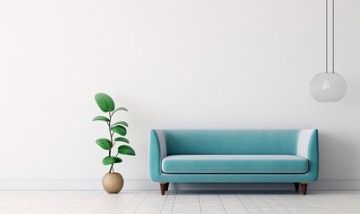 Empty living room with blue sofa, plants and table on empty white wall background, Generative AI