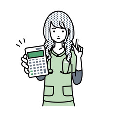立って電卓を持ってこちらに向けて見せている看護師の女性