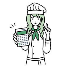 立って電卓を持ってこちらに向けて見せている調理師の女性