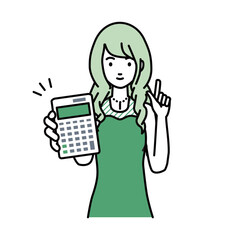 立って電卓を持ってこちらに向けて見せているドレスの女性