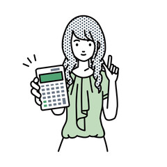 立って電卓を持ってこちらに向けて見せているオフィスカジュアルの女性