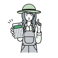 立って電卓を持ってこちらに向けて見せている農家の女性