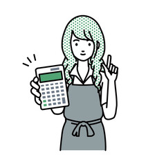 立って電卓を持ってこちらに向けて見せているエプロンをした店員の女性