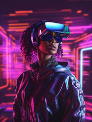 A black woman exploring cyberspace in VR glasses. Generative AI