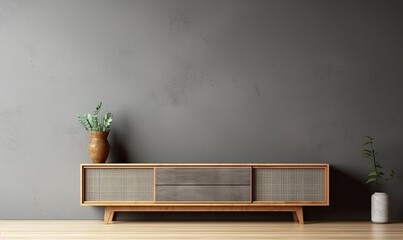 Cabinet for tv in living room interior wall mockup on dark concrete wall, Generative AI