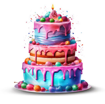 Big colorful beautiful birthday cake on white background