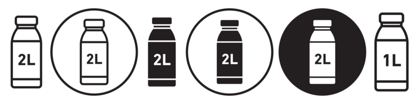 2L Bottle Icon. Symbol of two or one liter plastic container of milk, water or juice and oil. Vector set of 2 Ltr beverage glass bottle for drinking in flat outline style