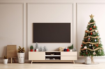 Christmas room with TV cabinet in modern living room on cream wall background, Generative AI