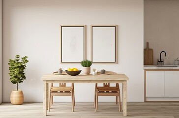 Mockup frame in cozy boho dining room interior,kitchen interior, Generative AI