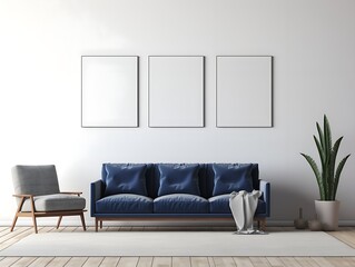 sofa and recliner chair in modern living room, 3 blank frames