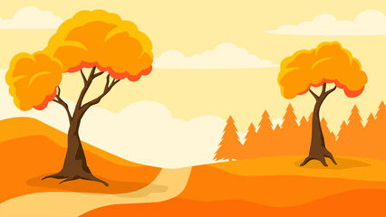 Autumn landscape vector illustration. Fall season landscape with autumn tree. Season landscape for background, wallpaper, display or landing page. Illustration of park in autumn season with clear sky