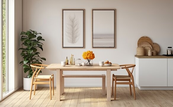 Mockup frame in cozy boho dining room interior,kitchen interior, Generative AI
