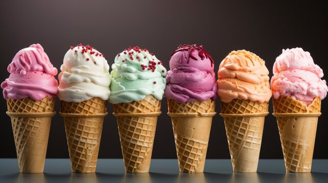 Ice cream scoop on waffle cone. Many assorted different flavour Mockup template for artwork design