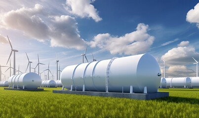 Hydrogen energy storage gas tank for clean electricity solar and wind turbine facility, Generative AI
